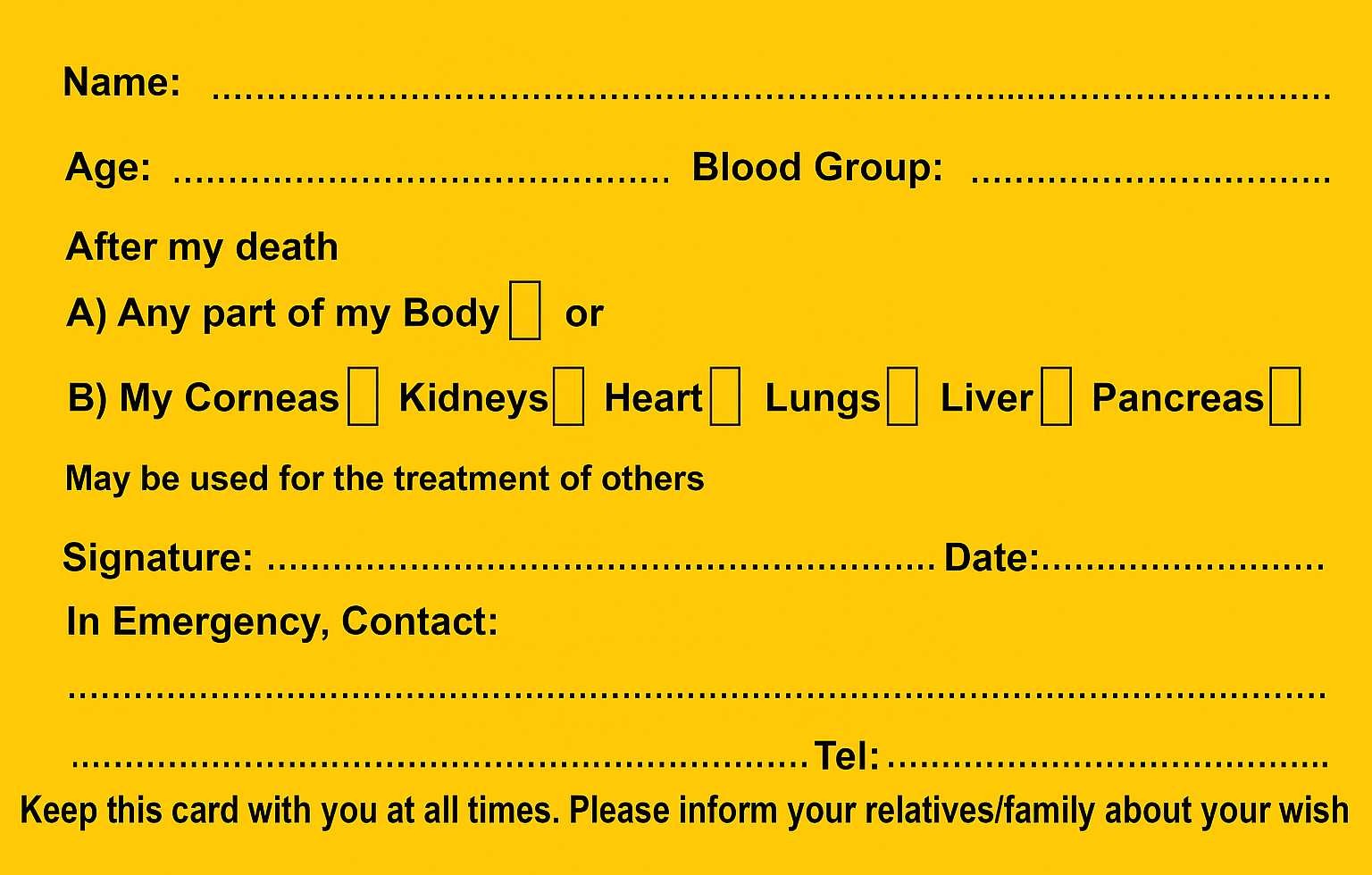 Back side of the Organ Donor Card with legal terms and instructions